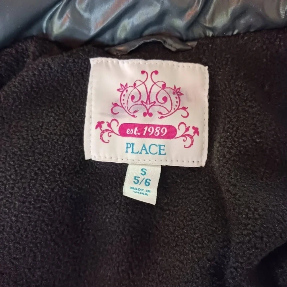 The Childrens Place Puffer Jacket, Black, Size S Zipper Faux Fur Trim, Snap Hood